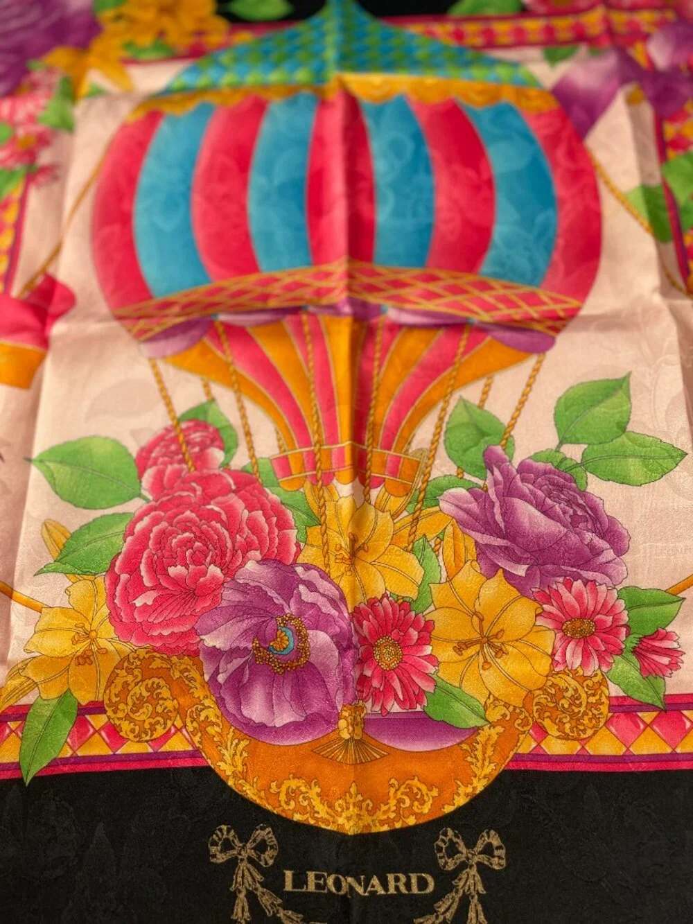 Leonard Vintage Silk Scarf – Floral Hot Air Balloon Motif